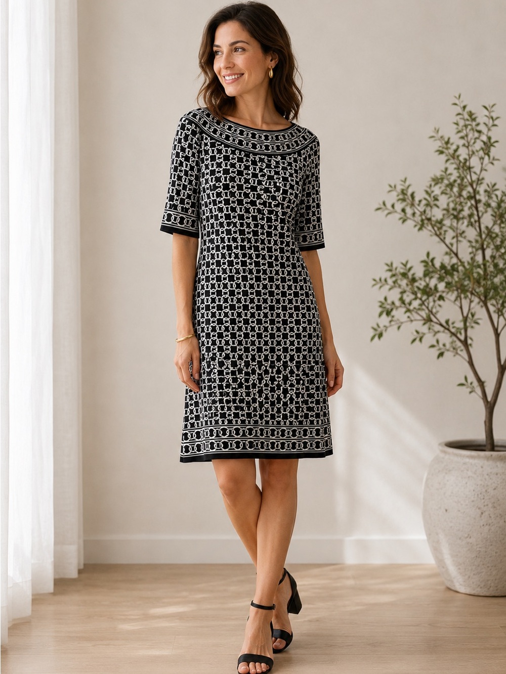 Max Studio dress black white pattern soft silky jersey 3/4 sleeve crew neck smal